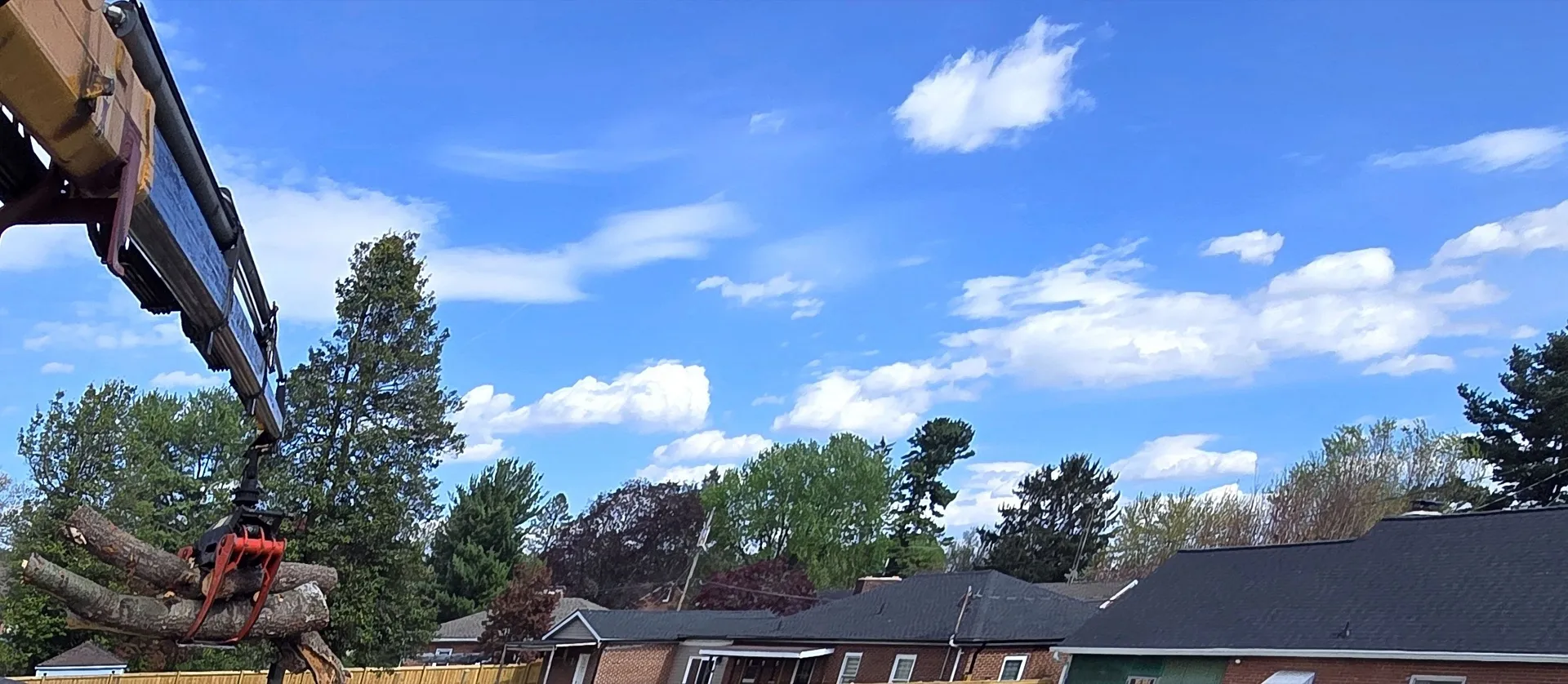 Crane grapple lifting large cut logs against a blue sky.