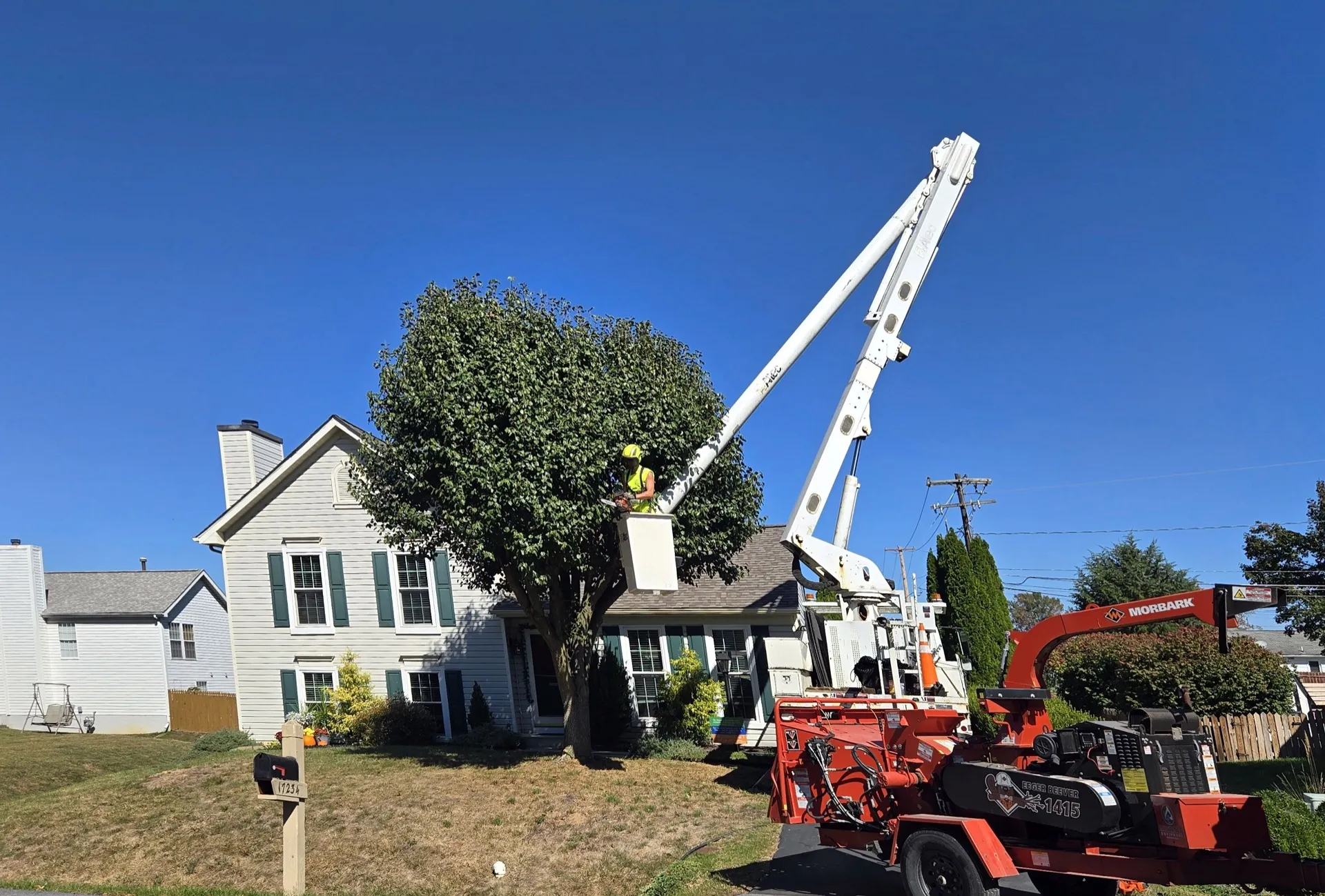 Bucket truck pruning an ornamental tree in front of a residential home.